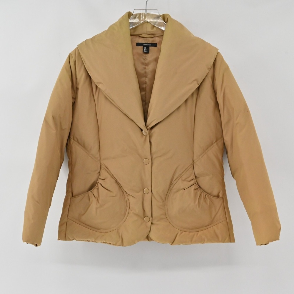 Zara Puffer Jacket‎ Womens Size L Tan Academia Shawl Collar Button Coat Winter